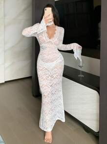 DAZY Spitze durchsichtige Bodycon Maxikleid für die Nacht