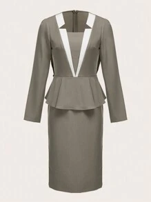 TaskEZ Women's Contrast Panel Cinched Waist Office Dress - Green - View 3