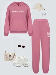 2pcs/Set Teen Girls' Casual Stylish Hooded Sweatshirt And Pants Set, Pink, Autumn