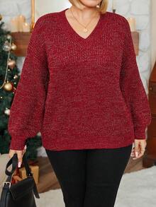 SHEIN 加大码V领落肩圣诞毛衣针织套头衫秋冬款 - 紅色 - 查看 5