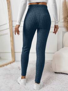 SHEIN Frenchy 纯色针织罗纹弹力腰部紧身黑色粒面面料女式紧身打底裤 - 藍色 - 查看 2