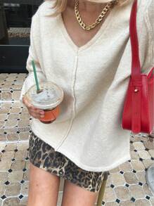 Chiquease Fashionable V-Neck Slouchy Soft Cozy Casual Sweater For Women, Knit Pullover Fall Winter - Apricot - View 3