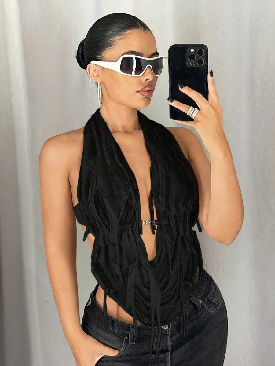 SHEIN ICON 女式修身仿旧面料吊带背心金属链装饰露背上衣