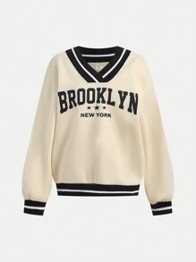 SHEIN Girlism Teen Girls' Solid Color Striped Rib Knit Letter Print V-Neck Loose Casual Sweatshirt - Apricot - View 7