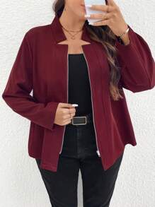 Calvaya Plus Size Simple Notched Neck Solid Color Casual Fall Jacket - Red - View 1