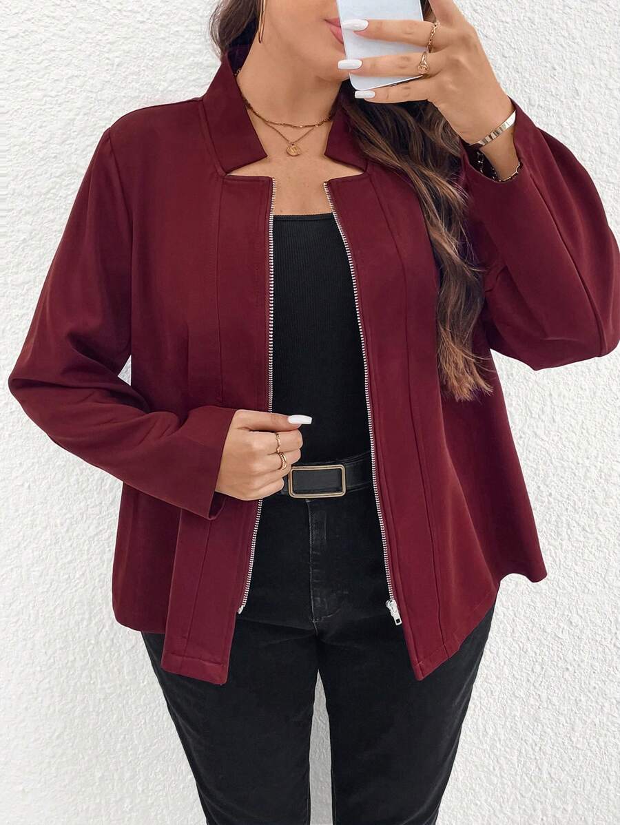 Calvaya Plus Size Simple Notched Neck Solid Color Casual Fall Jacket - Red - View 1