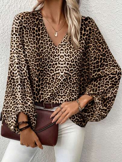 SHEIN Clasi Plus Size Women Leopard Print V-Neck Lantern Sleeve Loose Fashion Blouse, Autumn