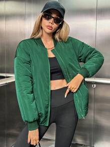 Chiquease Loose Fit Padded Bomber Puffer Jacket, Thick Short Outerwear - Green - View 3