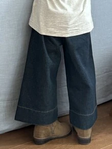 年轻女孩松紧腰口袋阔腿宽松休闲牛仔裤 - 藍色 - 查看 4