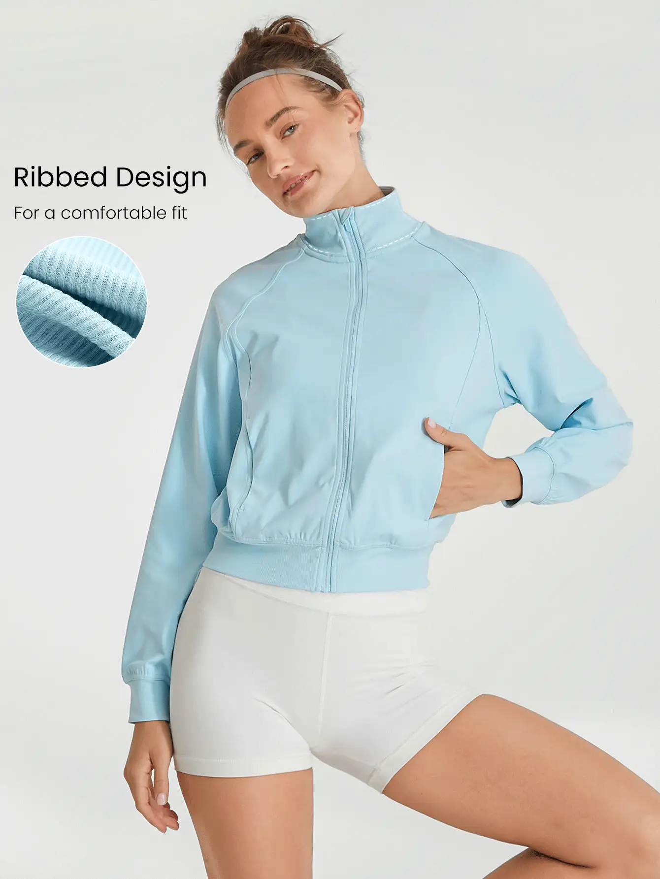 GLOWMODE Chaqueta reflectante para correr con cuello alto, mangas largas, bolsillos laterales, de tela elástica y absorbente de sudor para recorrer senderos - Celeste - Ver 4