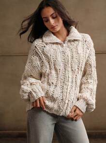 Anewsta Cárdigan con cierre de punto de cable cálido, chaqueta de suéter con elegante cuello vuelto, para otoño/invierno - Albaricoque - Ver 6