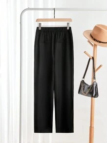 SHEIN Clasi Women Casual Solid Color Elastic Waist Straight Leg Pants - Black - View 2