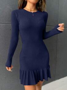 SHEIN Privé Women's Casual Ruffled Hem Ribbed Knit Long Sleeve Sweater Dress, Autumn/Winter - Navy Blue - View 4
