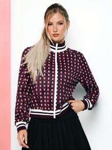 VARSITIE Chaquetas deportivas de mujer de estilo retro con cuello alto, mangas largas e impresión a cuadros