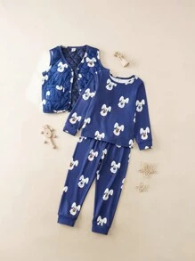 بيجامة مكونة من قميص كم طويل وبدلة وسروال مطبوع بصورة كلب لطيف لفتى 3قطع/طقم