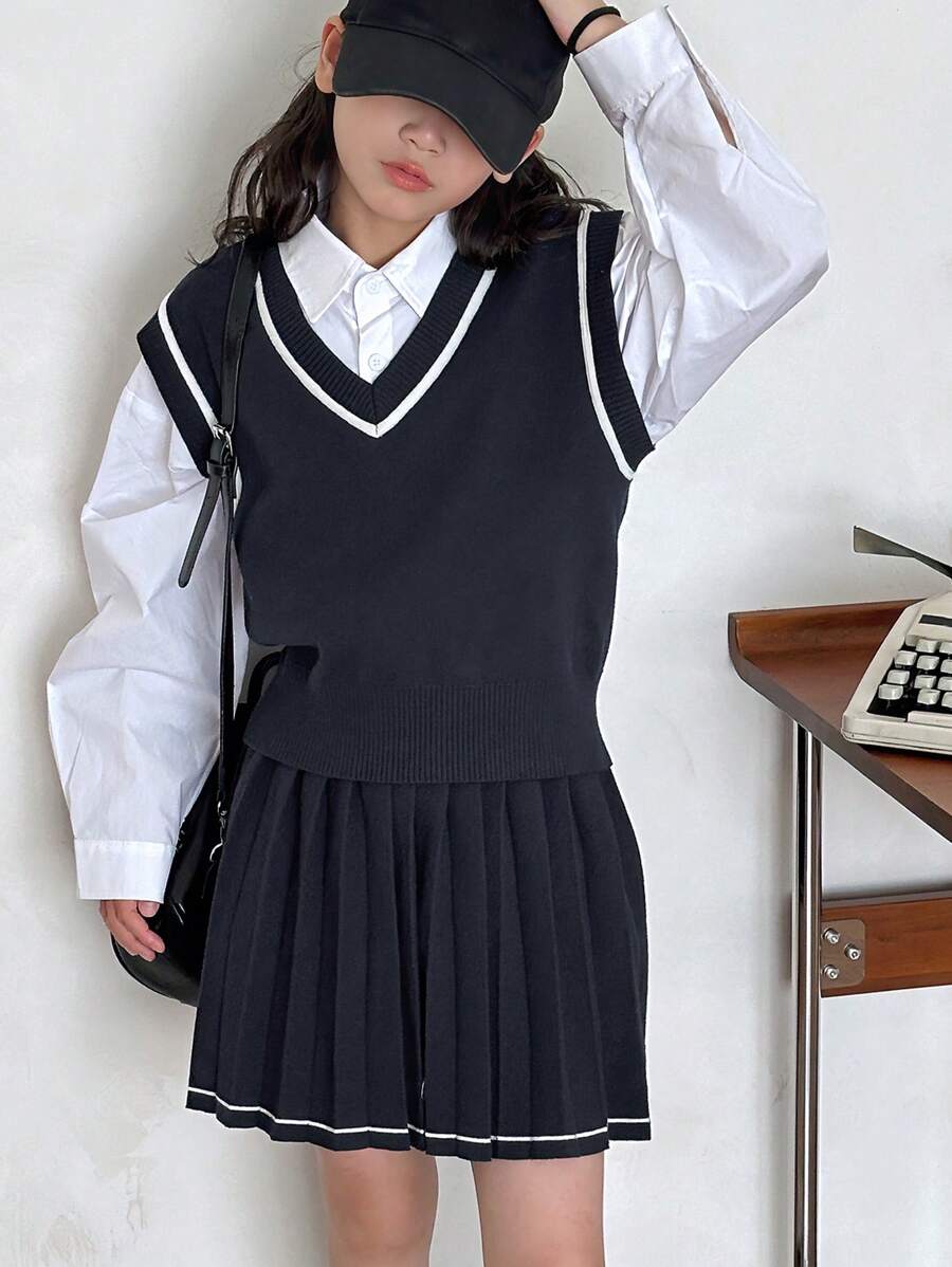 DAZY Tween Girl V-Neck Sweater Set, Fall Outfit,Back To School Clothes - Navy Blue - View 1