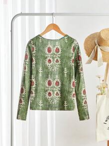 SHEIN LUNE Damen Frühlings- und Herbst V-Ausschnitt Langarm Lässig T-Shirt mit Blume Muster