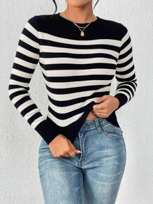 SHEIN Frenchy 女士休闲撞色条纹修身针织毛衣，春秋装，长袖上衣 - 黑與白 - 查看 8