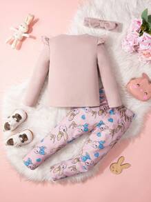 3 piezas Set de leggings con estampado de conejito lindo, camisa de manga larga y diadema para niña joven, ropa de estar en casa casual