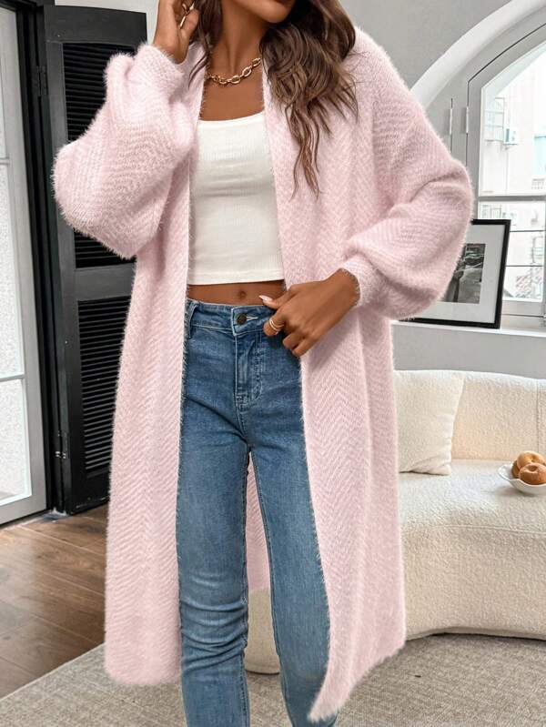 Chiquease Valentine's Day Casual Pink Lantern Sleeve Furry Cardigan