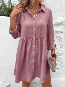 SHEIN Frenchy 纯色纽扣领中长袖简约短款连衣裙 - 藕粉色 - 查看 1