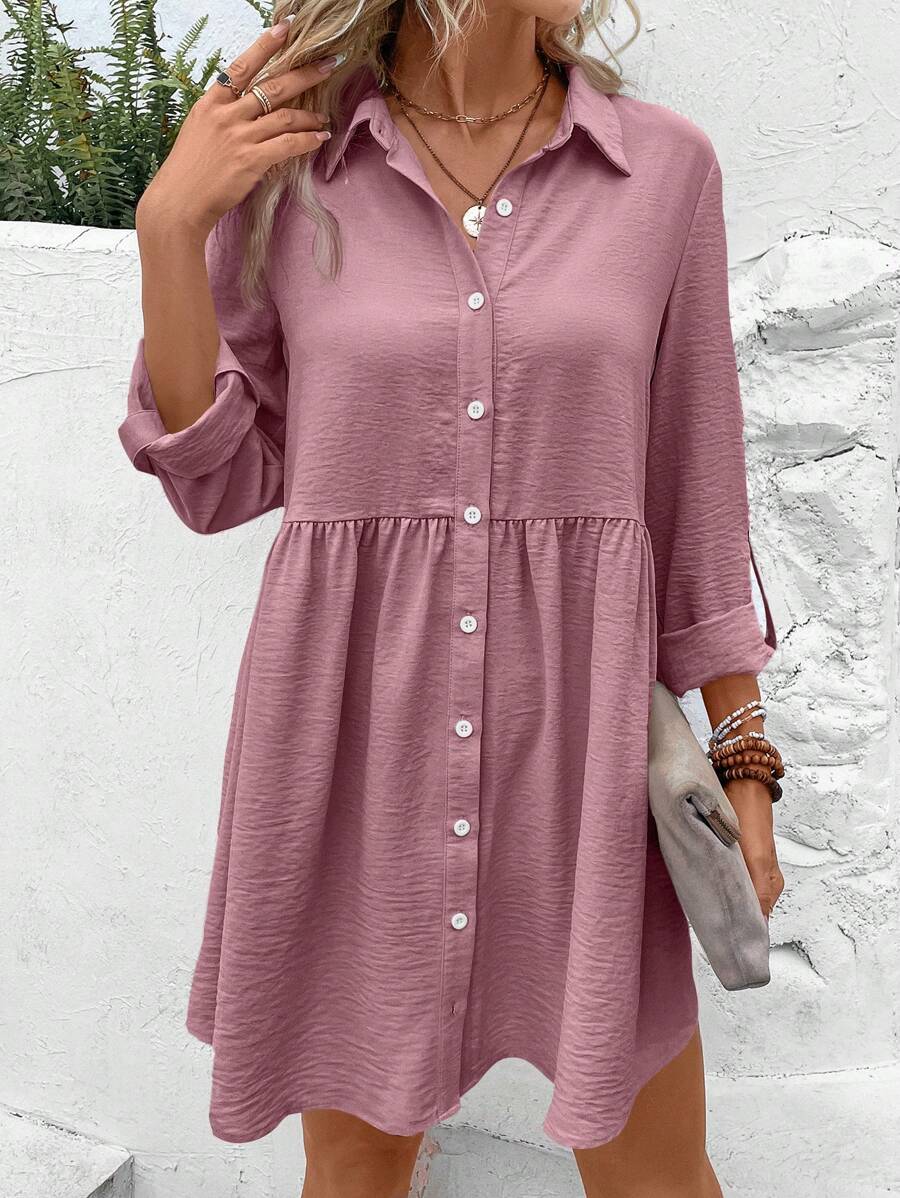 SHEIN Frenchy 纯色纽扣领中长袖简约短款连衣裙 - 藕粉色 - 查看 1