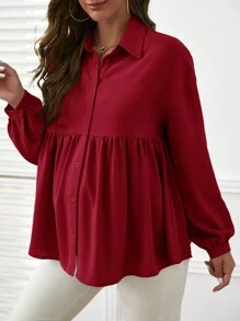 SHEIN Maternity Shirt Solid Color Ruffled Hem Casual Long Sleeve Blouse - Red - View 2