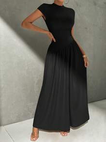 Firerie Robe midi évasée asymétrique élégante et simple pour un port quotidien, avec col montant et taille resserrée. Robe plissée casual pour femmes avec col montant, manches chauve-souris longues bicolores et coupe slim. Robe longue femme coupe en A unie, pour le printemps/été, pour un port quotidien casual.