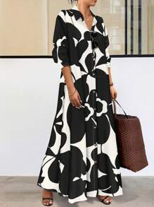 Calvaya 大码随机印花纽扣前长款衬衫裙 - 黑與白 - 查看 1