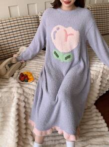 DAZY Đầm ngủ nữ mềm mại, bồng bềnh họa tiết hoa tulip, viền bèo nhún, thích hợp cho mùa thu đông, ấm áp, kiểu váy ngủ Moo Moo. - Màu tím - Xem 3