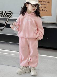 Dazy Kids 2件套女童针织保暖连帽衫和裤子套装，字母刺绣 - 粉色 - 查看 6