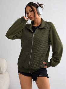 Chiquease 纯色拉链长袖休闲夹克，日常穿着 - 軍綠色 - 查看 6