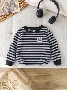 SHEIN Simple Graphic Embroidered Striped Long Sleeve Crewneck Knit T-Shirt For Baby Boys Girls, Suitable For Commute, School, Home, Casual, Party, Outdoor Play