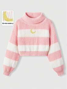 ROMWE Kawaii Moon Embroidery Striped Pattern Turtleneck Drop Shoulder Sweater, School