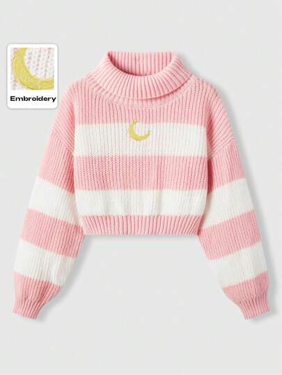 Kawaii Moon Embroidery Striped Pattern Turtleneck Drop Shoulder Sweater, School