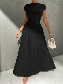 Firerie Robe midi évasée asymétrique élégante et simple pour un port quotidien, avec col montant et taille resserrée. Robe plissée casual pour femmes avec col montant, manches chauve-souris longues bicolores et coupe slim. Robe longue femme coupe en A unie, pour le printemps/été, pour un port quotidien casual.