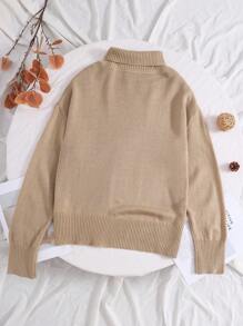 SHEIN Teen Girls Oversized Turtleneck Knit Sweater, Casual Long Sleeve Warm Pullover Top For Daily, Khaki - Khaki - View 2