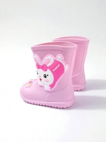 1 双粉色卡通兔子图案平底休闲雨靴，四季日常穿着舒适（图案随机搭配） - 粉色 - 查看 3