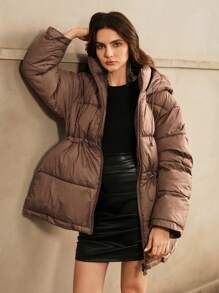 Anewsta Áo khoác có mũ trùm đầu màu trơn giản dị mùa đông cho nữ có dây rút ở eo - Cà phê nâu - Xem 4