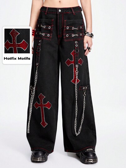 Grunge Punk Ladies Rhinestone Cross Embroidery Eyelet Design Wide Leg Loose Casual Boy Friend Low Waist Jeans, School
