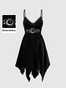 ROMWE Hippie 黑色哥特式星月刺绣天鹅绒吊带连衣裙，下摆不对称 - 黑色 - 查看 1