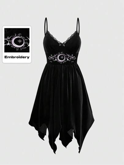 ROMWE Hippie 黑色哥特式星月刺绣天鹅绒吊带连衣裙，下摆不对称