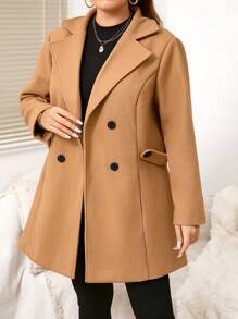 SHEIN LUNE Áo khoác ngoài màu trơn cỡ lớn, hai hàng khuy, mùa thu/đông - Màu Khaki - Xem 5