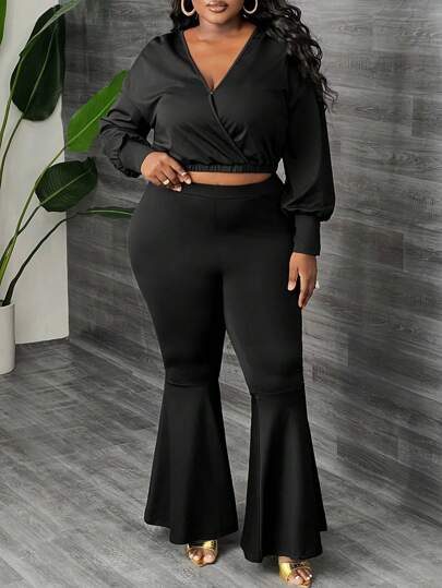 Slaydiva Elegant & Daily & Party & Date Solid Burgundy Loose Fit Lantern Sleeve Drawstring Hem Top & Flared Leg Pants 2 Pieces Set Plus Size Women Spring Autumn