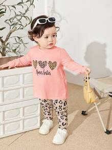 SHEIN Set di top a maniche lunghe con motivo a cartone animato carino e pantaloni con stampa leopardata per bambina