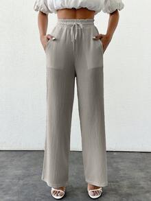 SHEIN PETITE 夏季纯色米色高腰抽绳亚麻宽腿裤 - 淺灰色 - 查看 3