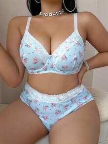 2pcs Plus Size Women Floral Contrast Lace Underwire Bra Set, Lingerie - Baby Blue - View 5