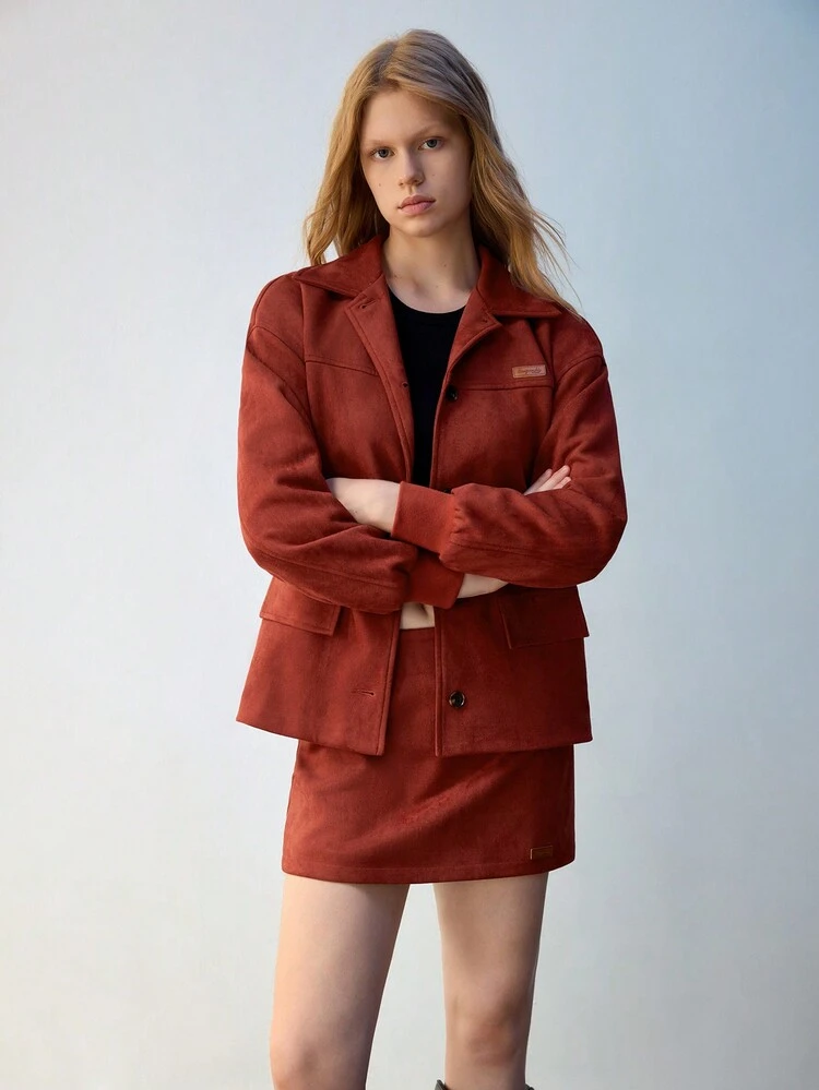 SHEIN Maija 2pcs Women's Fall Casual Letter Graphic Drop Shoulder Loose Patch Front Jacket And Mini Skirt Set