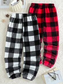 SHEIN 2pcs Men Simple Fashion Classic Plaid Warm Fleece Loungewear Long Pants , Fall Winter Clothes, Fluffy, Christmas, Cozy - Multicolor - View 2