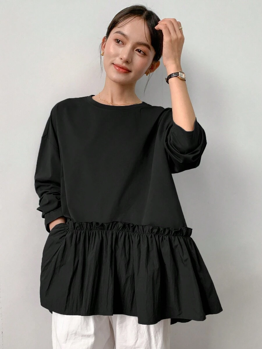 FRIFUL 女士纯色圆领落肩荷叶边宽松 T 恤，春秋季，返校服长袖女上衣，秋季女装 - 黑色 - 查看 1